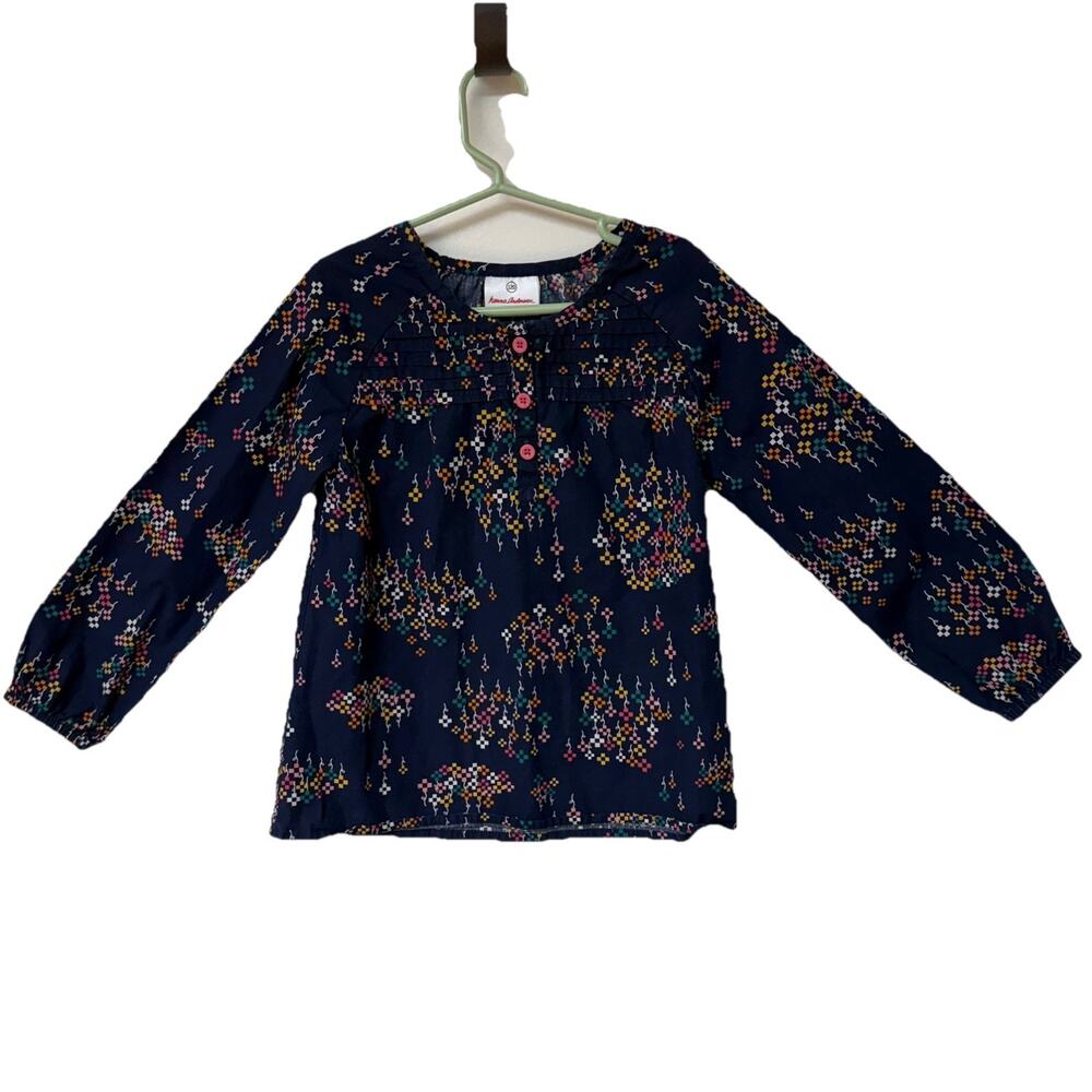 Hanna Andersson Navy Multicolor Geometric Floral Blouse Size 120 (US 6/7)